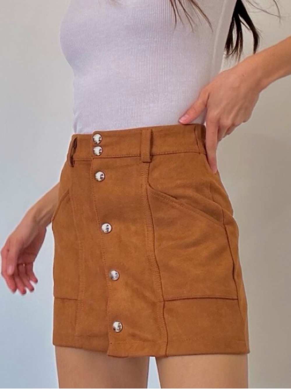 BERSHKA, Faux Suede Brown High-Waist Button-Front Mini Skirt, Size XS